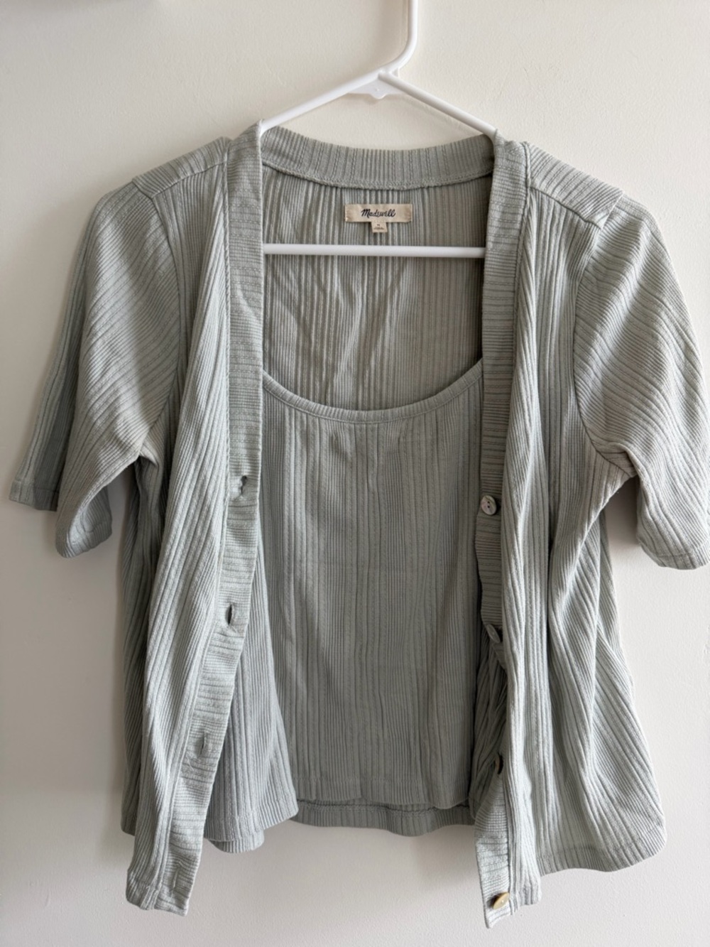 Madewell Ribbed Short Sleeve Cotton-Blend Button-Front Cardigan and Tank Set